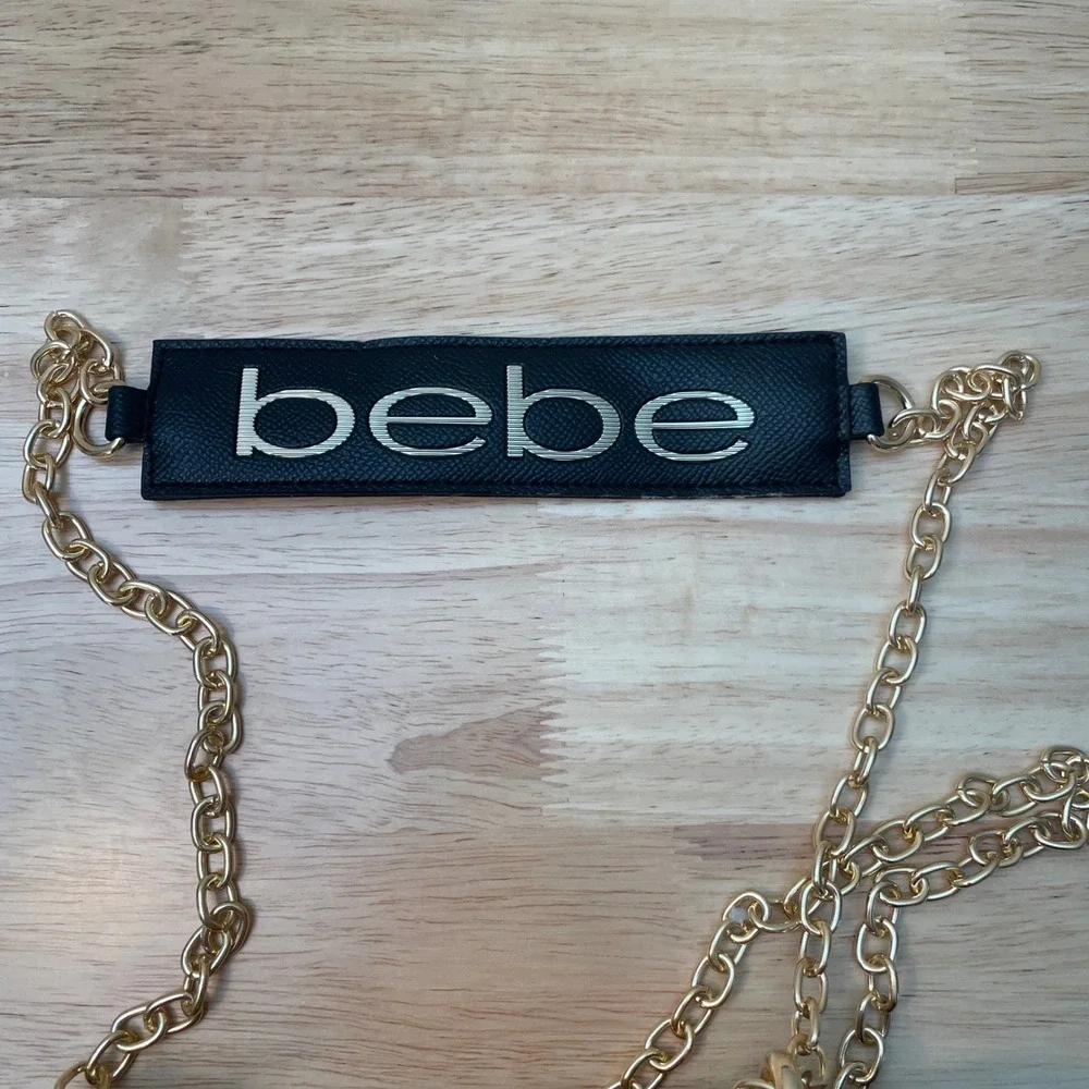 Bebe Monogram Crossbody Bag Tan‎ Black Gold Chain Strap Logo Shoulder Bag NEW